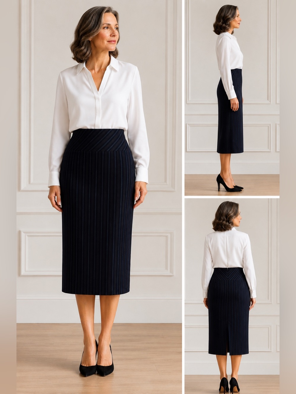 Carolina Herrera New York Wool Blend Chalk Stripe Pencil Skirt Navy Size 8